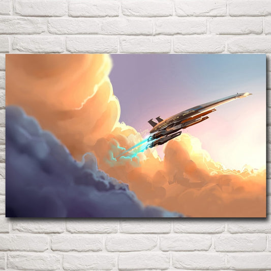 Mass Effect Helmet Spaceship Clouds Game Poster Pictures Living Room Wall Art Silk Painting Modern Home Decoration Print Bedroom