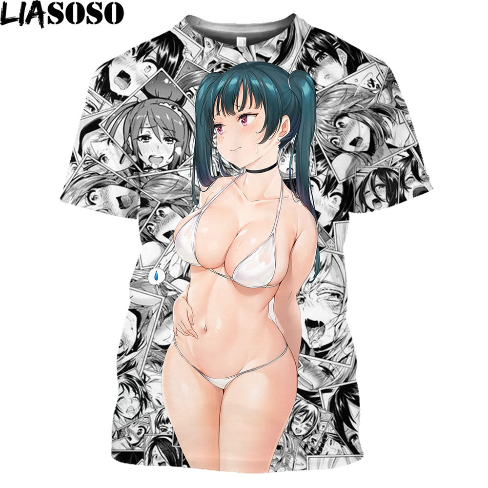 LIASOSO Girls Bikini T-shirts Women Men 3D Print Sexy Female Cartoon Figure T Shirt Hentai Anime Shirt Beach Harajuku Clothes