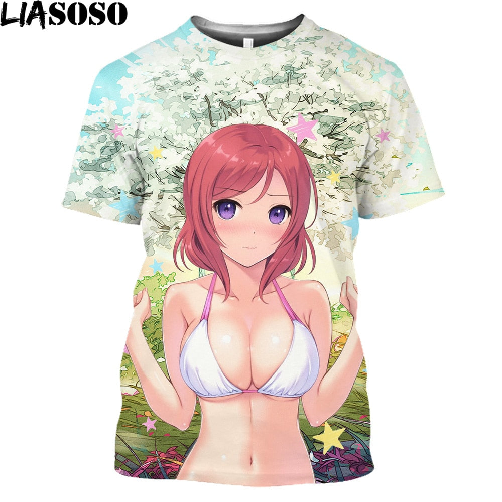 LIASOSO Girls Bikini T-shirts Women Men 3D Print Sexy Female Cartoon Figure T Shirt Hentai Anime Shirt Beach Harajuku Clothes