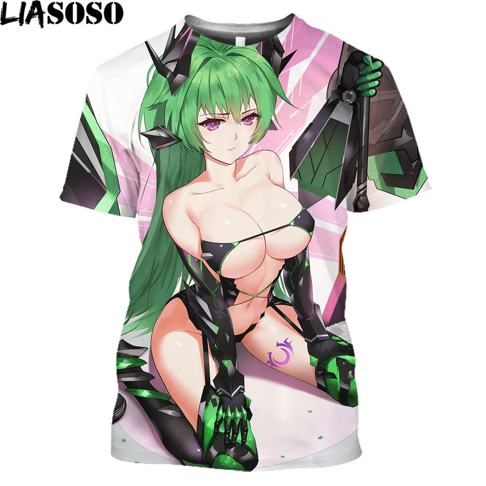 LIASOSO Hyperdimension Neptunia 3D Print Anime Harajuku O-neck T-Shirts Men Street Wear Oversized Hentai Sexy Loli Punk Tops